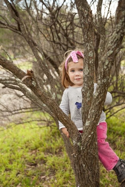 Image Of Smiling Little Girl Climbing A Tree Austockphoto