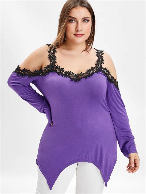 wipalo women plus size lace panel open shoulder asymmetrical t shirt plunging neck long sleeve