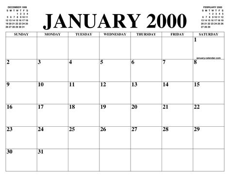 January 2000 Calendar Of The Month Free Printable January Calendar Of
