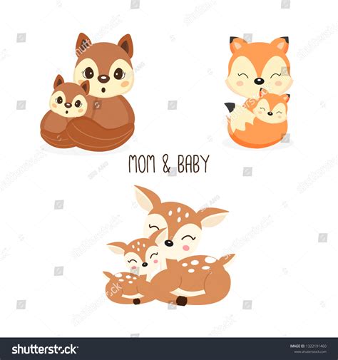 Cute Mother Baby Woodland Animals Foxesdeersquirrels Stock Vector
