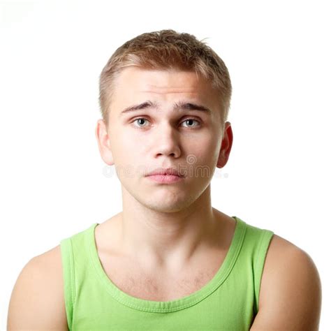 Young Man Has Idea Emotional Face Expressions Set Over White Stock