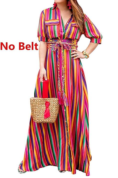 Womens Rainbow Button Up Split Stripes Long Maxi Boho