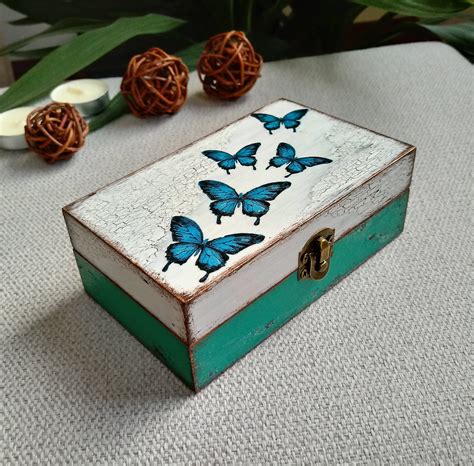 Turquoise Decorative Wooden Box Vintage Style Decoupage Jewelry Small