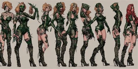 Krea Poison Ivy As A Tattooed Armored Wanderer Pinup Wearing Scratched And Ripped Leather