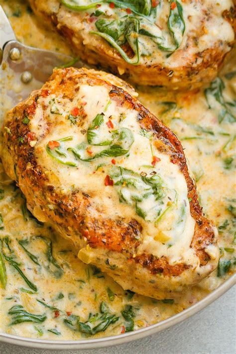 Look for thicker (1.5 to 2 inches) boneless chops for stuffed chops and thinner boneless loin chops (about 1/2 inch thick) for breaded recipes. Boneless Pork Chops in Creamy Garlic Spinach Sauce ...