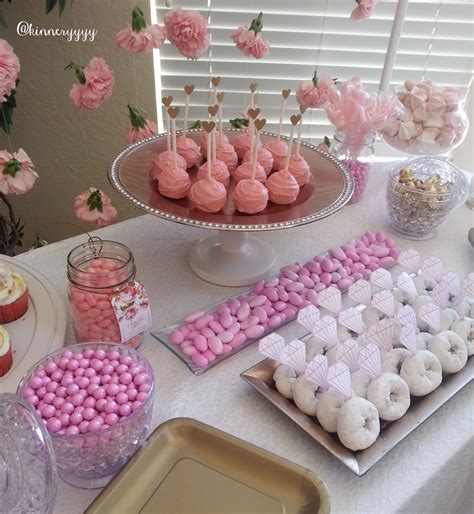 Pink Gold Floral Bridal Shower Dessert Table Carnation Backdrop Diamond