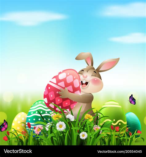 Cartoon Rabbit Holding Easter Egg In Field Vector Image