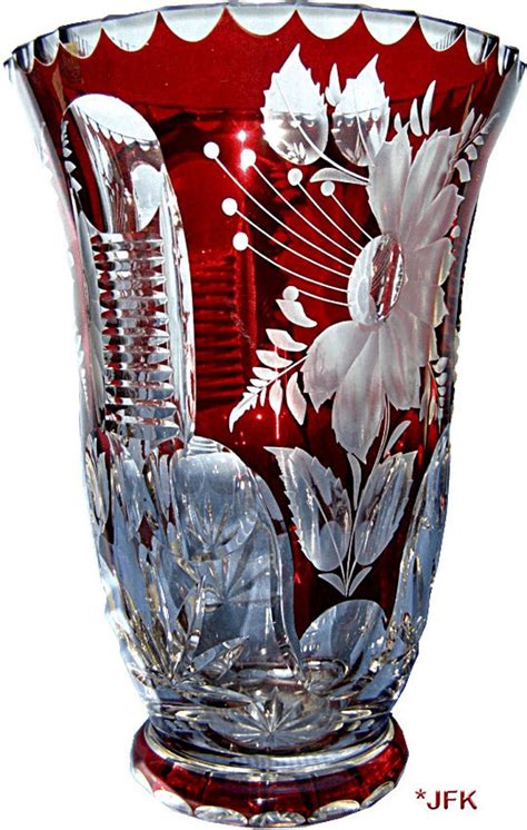 Cut Crystal Glass Vase Bohemian Free Blown Ruby Overlay Etsy