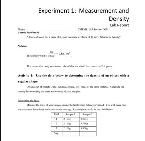 Solved Experiment 1 Measurement And Density Lab Report