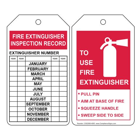 Portable fire extinguisher inspection is extremely important for the protection of businesses and homes — especially since osha and fire codes require specific procedures when it comes to. Fire Extinguisher Inspection Record Tag | Inspection Tags