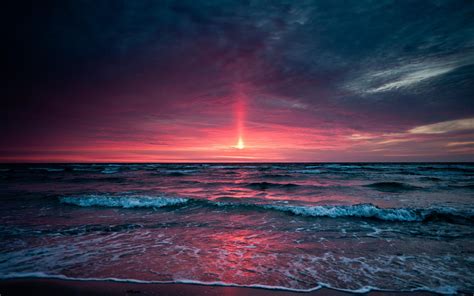 Decline Sea Evening Waves Horizon Sky Pink Gray Foam Whisper