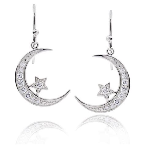 Shop Sterling Silver Round Cubic Zirconia Crescent Moon And Star Dangle