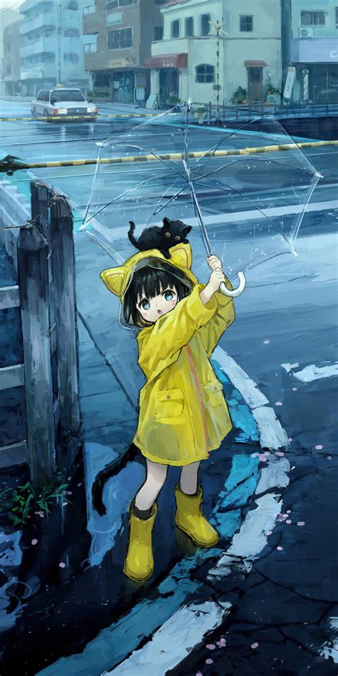 1080x2160 Anime Little Girl Rain Umbrella One Plus 5thonor 7xhonor