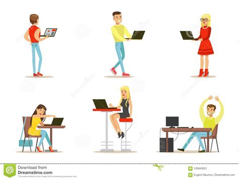 Flat Vector Set Of Young People With Computers. Internet Users. Guys ...