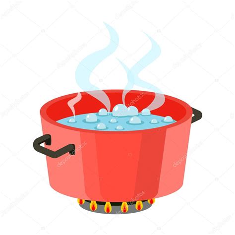 Boiling Water In Pan Red Cooking Pot On Stove With Water And Steam Flat