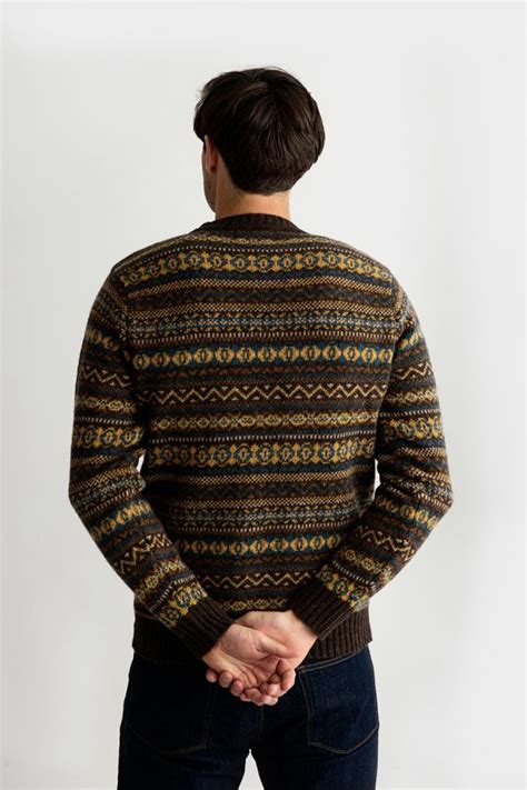 Mens Fair Isle Kinnaird Jumper In Olive Brown With Teal Camel And