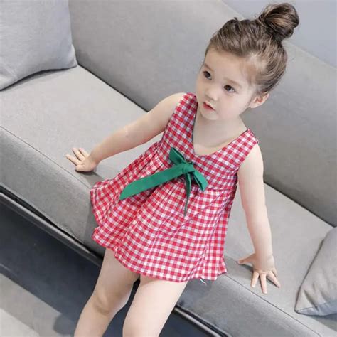 Kids Girls Sleeveless Mini Dress Plaid V Neck Infant Cotton Bowknot