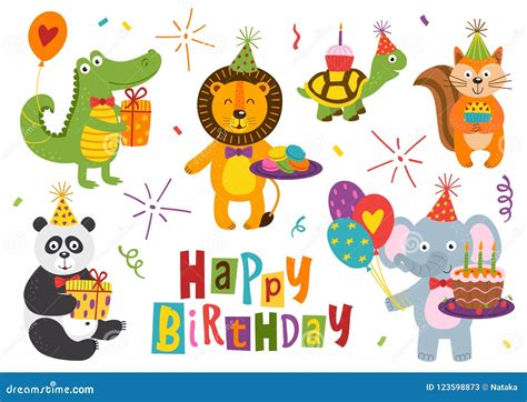 Set Of Isolated Funny Animals For Happy Birthday Design Part 2 Stock