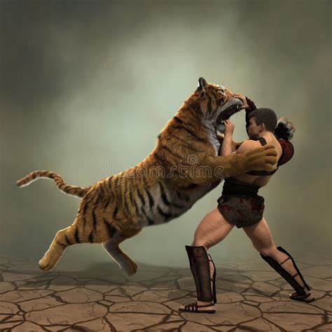 Ejemplo 3d De Un Gladiador Que Lucha Con Un Tigre Aislado En El Fondo