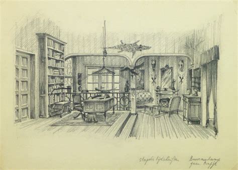Pencil Drawing Private Library Interior Circa 1950