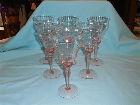 set of 6 vtg pink rib panel optic design depression glass stemmed water goblets antique price
