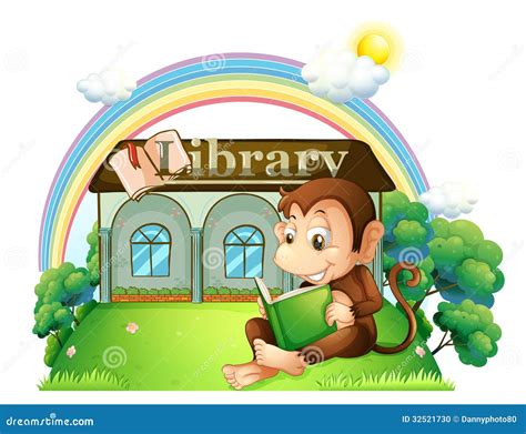 A Monkey Reading A Book Outside The Library Stock Vector Illustration