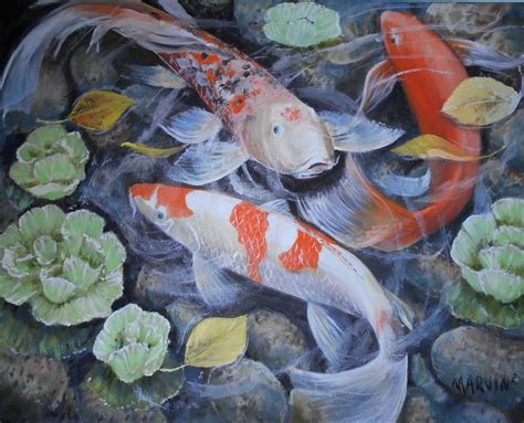 Two Koi Fish Swimming In A Pond With Lily Pads