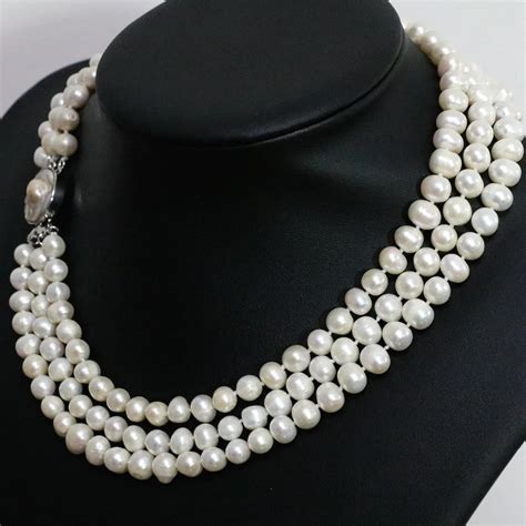 Fashion White Freshwater Natural Pearl 3 Rows Necklace Round Beads 7