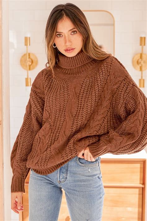 Heather Brown Sweater Turtleneck Sweater Chunky Knit Sweater Lulus