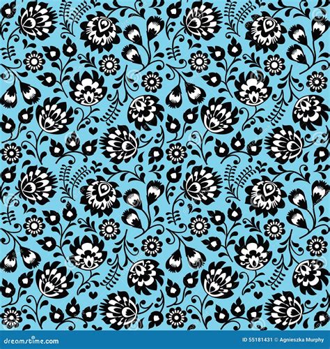 Seamless Polish Folk Art Blue Floral Pattern Wzory Lowickie