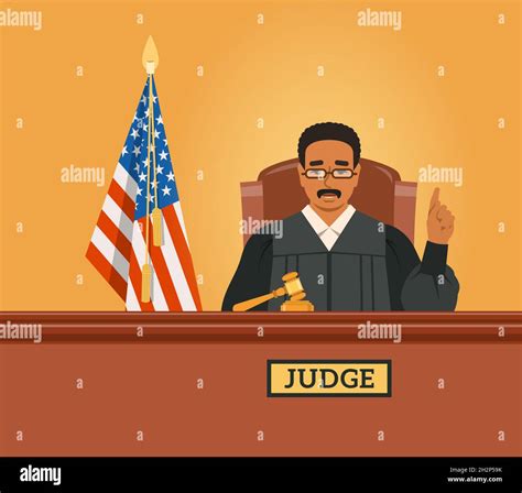 Juez Negro En La Sala Del Tribunal Con Gavel Y La Bandera Americana