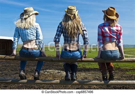 Stock Image Of Cowgirls 3 Cowgirls Sitting On A Fence Country