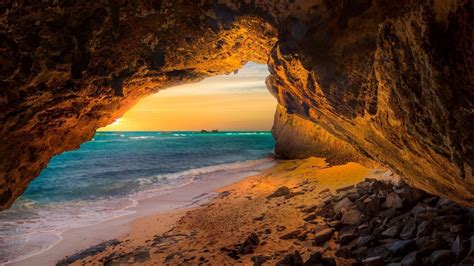 Sunset Scenario Cave In The Sea Coast Desktop Hd Wallpaper