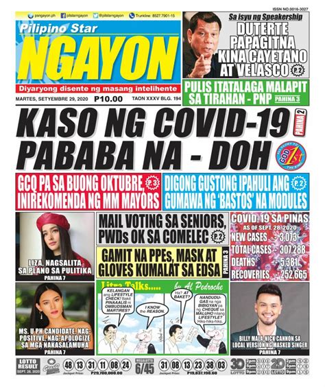 Pilipino Star Ngayon September 29 2020 Newspaper
