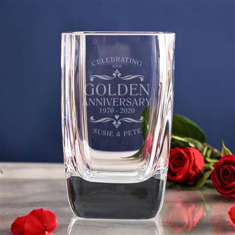 50th wedding anniversary gift ideas with a golden theme. Personalised Golden Wedding Anniversary Glass Vase | The ...