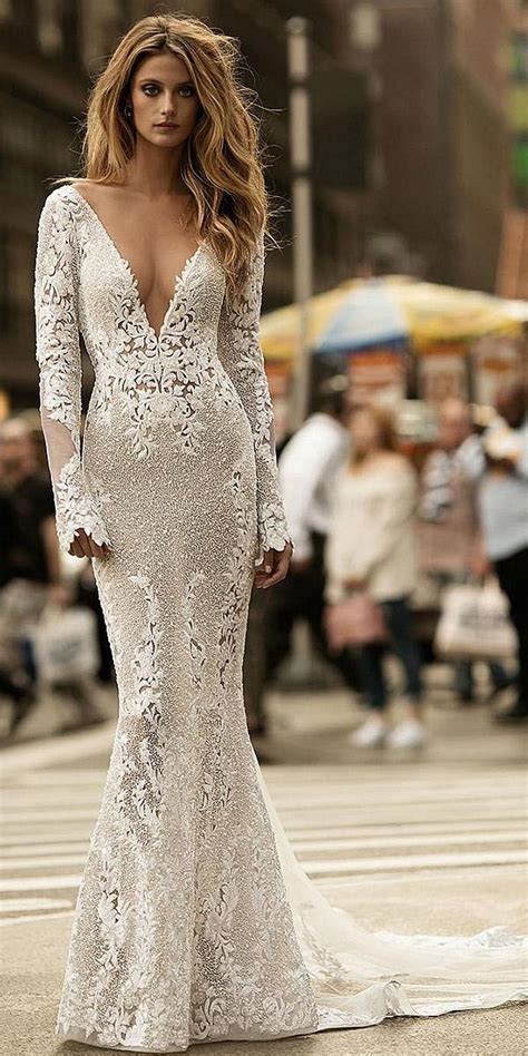 Lace Wedding Dresses With Long Sleeves Deep V Neckline Mermaid Berta Wedding Dresses Guide