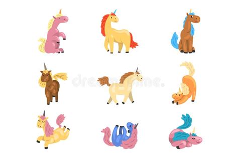 Flat Vector Set Of Adorable Unicorns In Different Actions Mythical