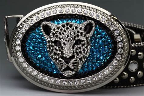 Custom Listing For Marion Jaguar Belt Buckle Teal Swarovski Crystal Buckle And Genuine Black