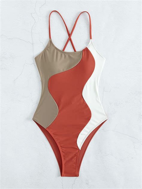 Color Block Lace Up Back High Cut One Piece Swimsuit Maiôs Mulheres