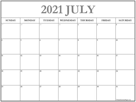 July 2021 calendar starts with sunday as starting of week begin. July 2021 calendar | free printable calendar templates