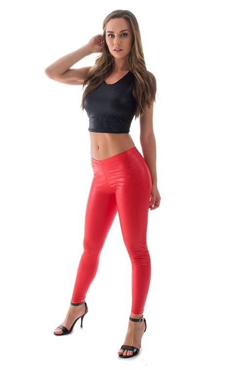 Womens Leggings Fashion Tights In Red Rawhide Leatherlook