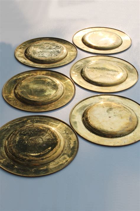 Set Of Six Vintage Solid Brass Chargers Large Plates 11 And 3 Quarters