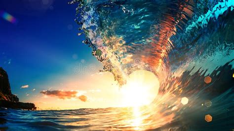 Sunset Ocean Wave Surfing Crest Stock Photo Image Of Barrel Hawaii