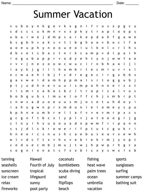 Summer Vacation Word Search Printable
