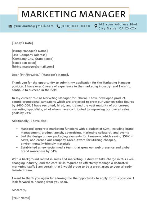 For instance, it should be four paragraphs long. Marketing Manager Cover Letter Sample | Marketing cover ...
