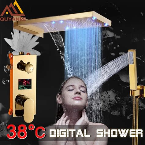 Shower Equipment Quyanre Gold Digital Shower Faucets Set Led Rain Waterfall Shower Head 3 Way