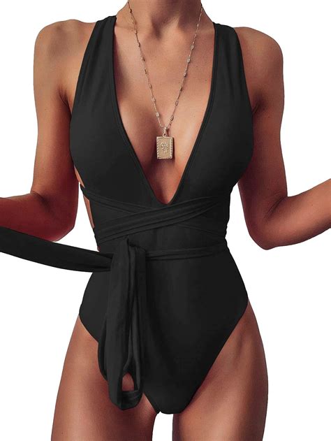 Lilosy Sexy Tie Criss Cross Plunge One Piece Thong Swimsuit High Cut
