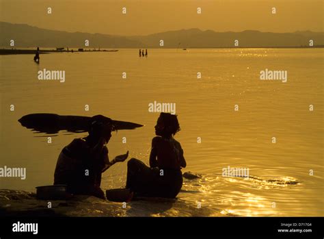 Myanmar Burma Pagan Villagers Bathing In The Irrawaddy River At