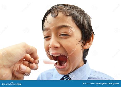 Little Boy Drinking Syrup Medicine Liquid Mother Hand Feed Stock Image