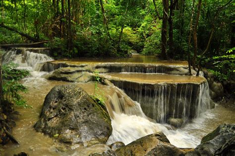 Hd Green Thailand Parks Waterfalls Forest Stones Erawan Nature River
